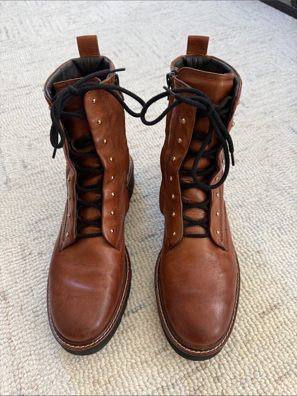Paul Green Cognac Leather Studded Combat Moto Boots US 10 UK 7.5